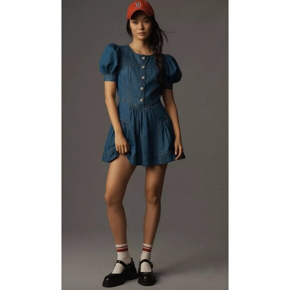 Anthropologie Dresses & Skirts - Anthropologie Maeve Puff-Sleeve Tiered Denim Mini Dress Size 8 Pearl Buttons